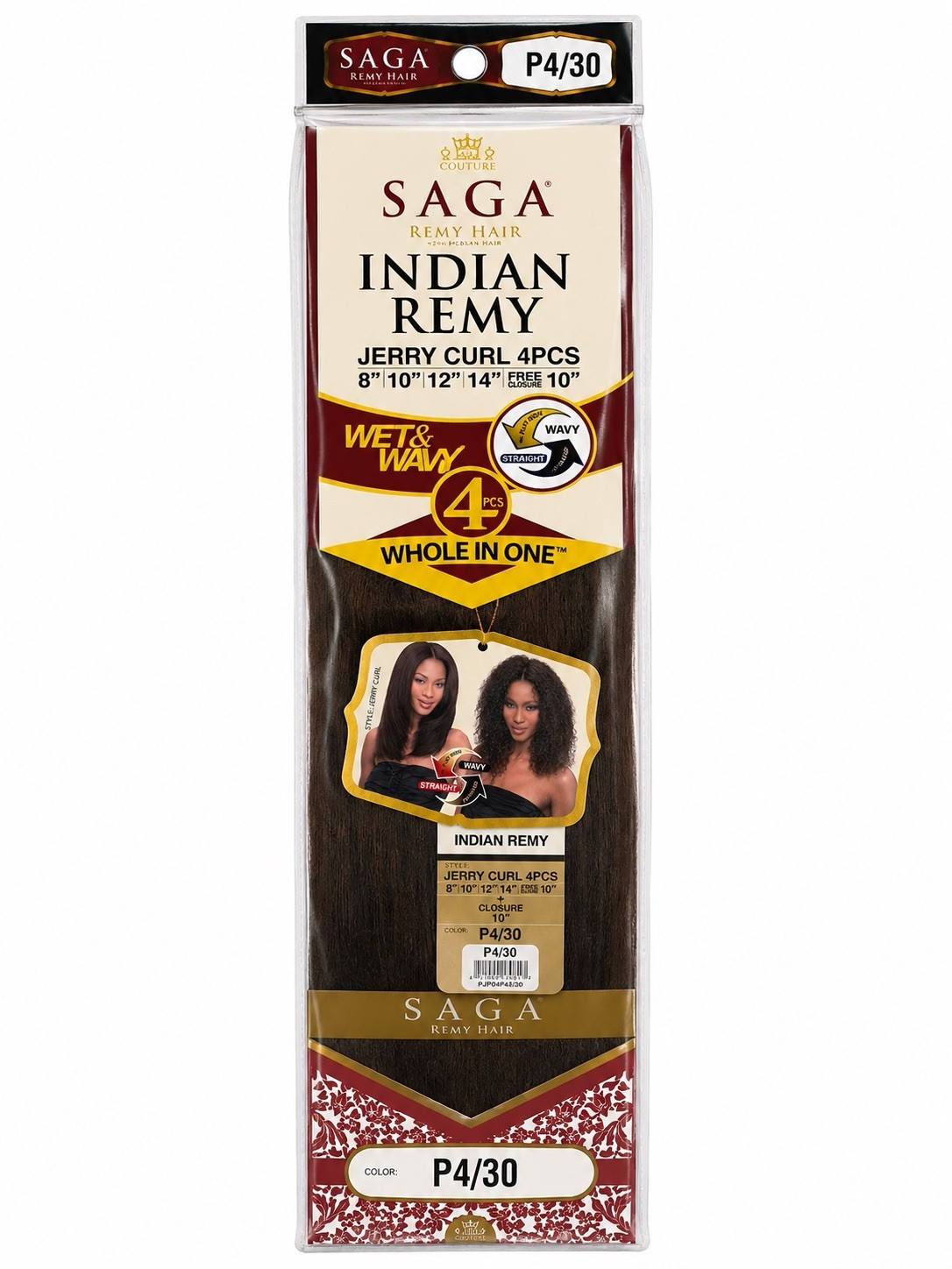 Saga Indian Remy Hair Jerry Curl Bundle Set P4/30 (8” 10” 12” 14”) + 10” Closure