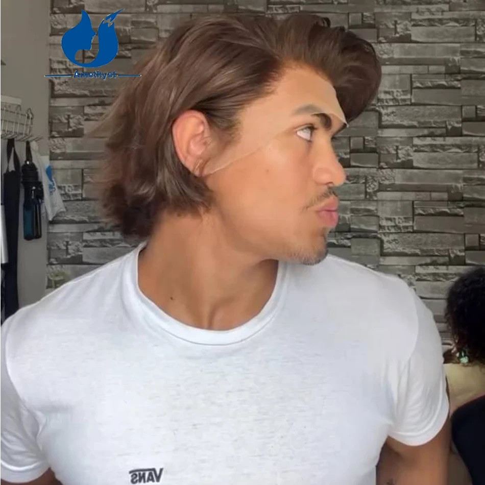 Medium Brown Wave Short Pixie Cut Bob Wig for Men Prestyled Full Lace Male Wigs