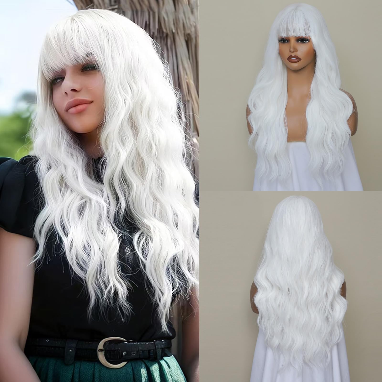 White Wig with Bangs for Women, Long Wavy White Wig 26 Inch Wigs Heat Resista…