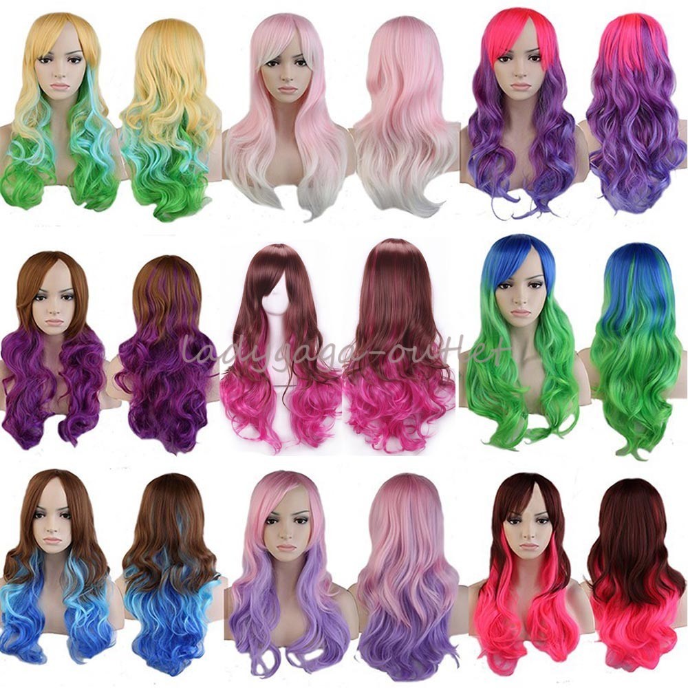 Colorful Women Long Hair Wig Curly Wavy Synthetic Cosplay Halloween Full Wigs la