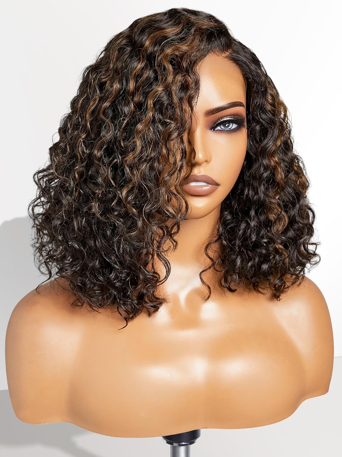 Short Bob Lace Curly Bob Wig Human Hair Short Black Wig with Blonde Highlights
