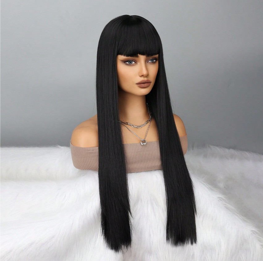 Black Straight Long Wig with Bangs Heat Resistant Synthetic Rose Net Full Wig