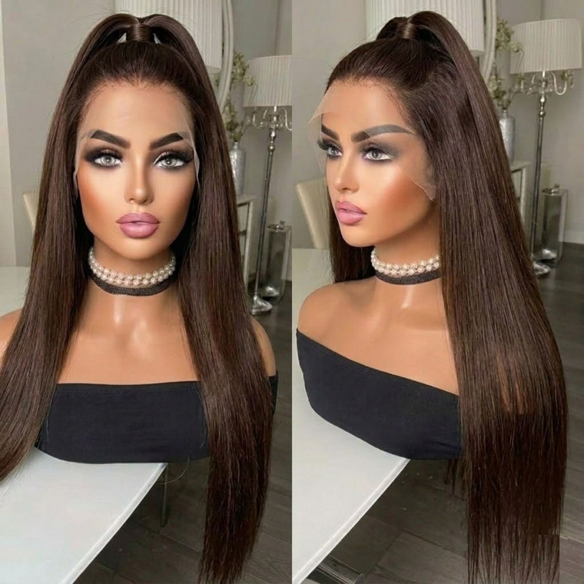 Long Straight Choc Brown Glue Less Lace Front Wig Heat Resistant Hair