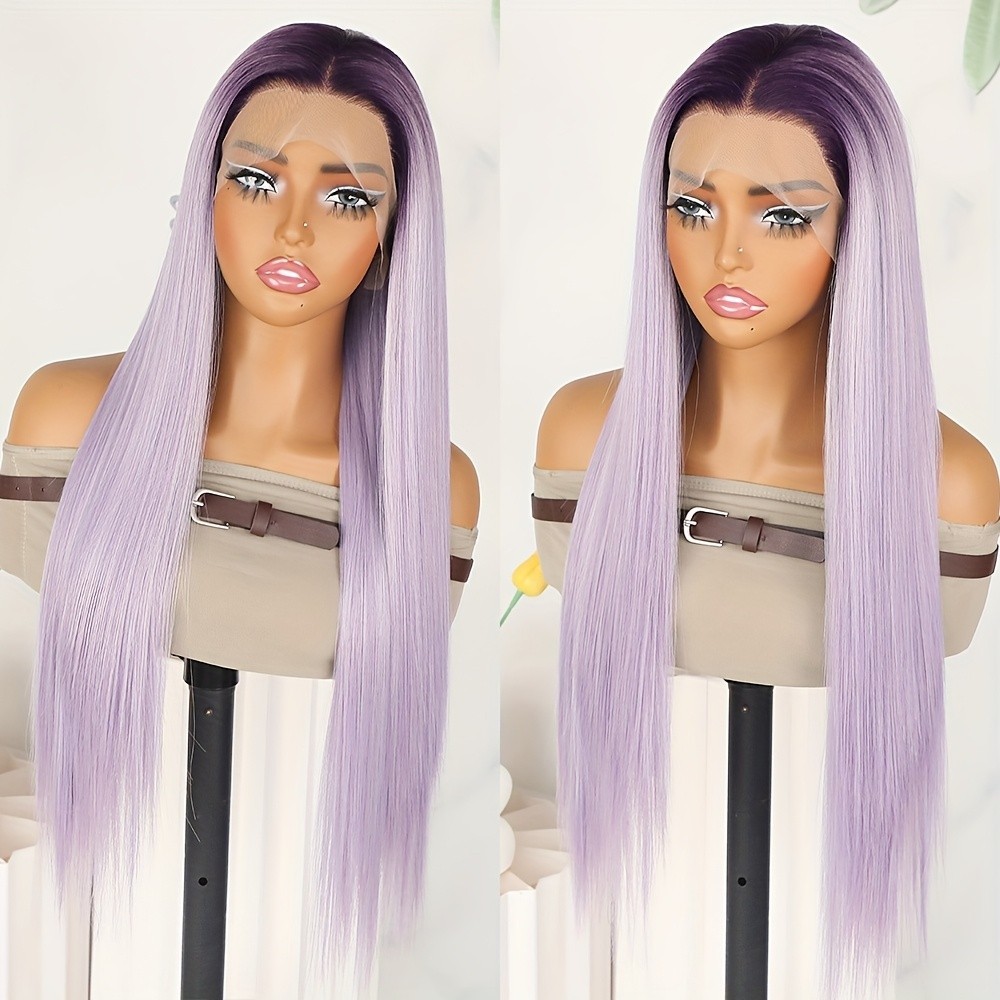 Glueless Synthetic Lace Front Wigs Ombre Purple Color Long Silky Straight Hair