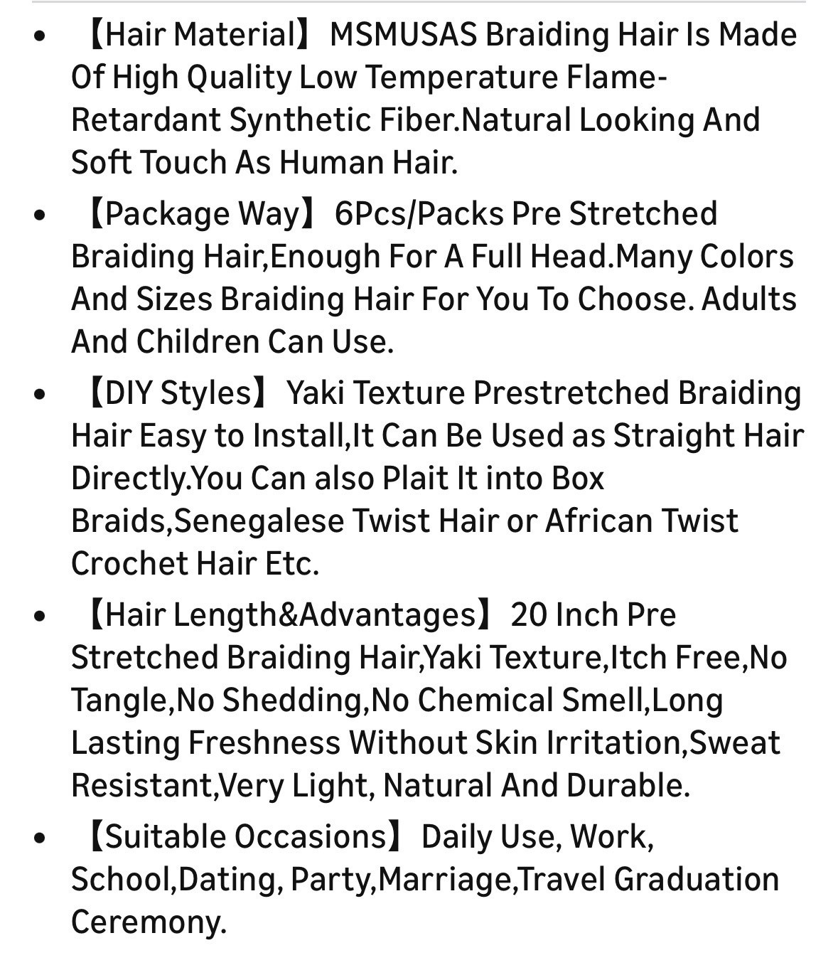 Braiding Pre Stretched 20 Inch 6Pcs/Pack Hair Extensions Yaki Synthetic 1B Black