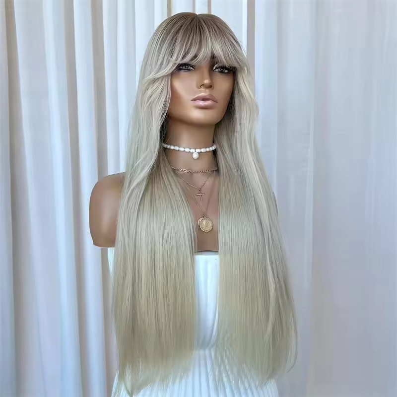 Ombre Ash Blonde Wigs with Bangs 100% Human Hair Wave None Lace Wig 200% Density