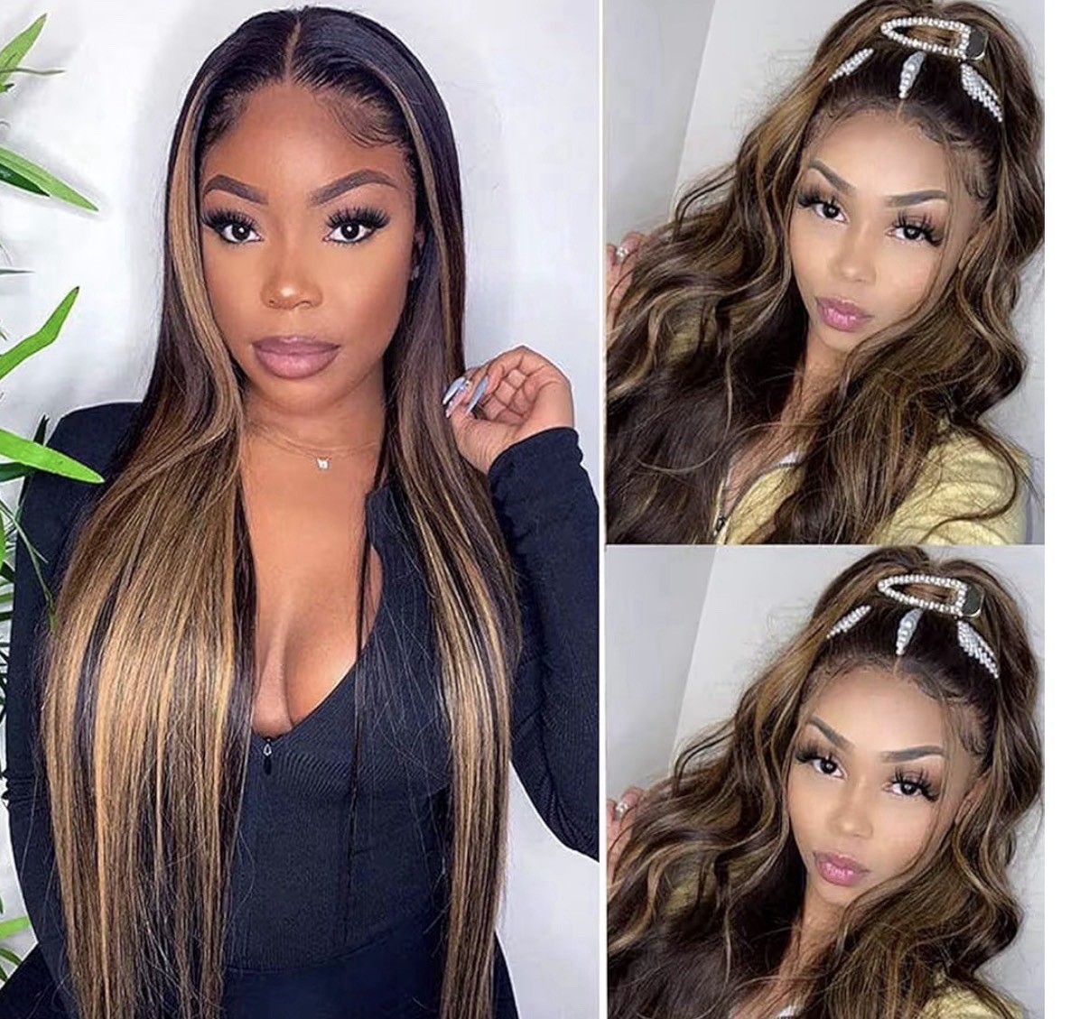 hah Straight Black Golden Brown Human Hair Weft Extensions, Heat Resistant, 3pcs