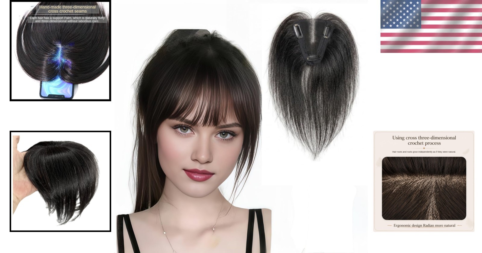 Hand-Tied Hair Topper with Bangs, Black