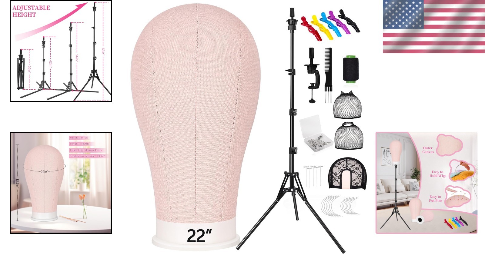 Professional 22In Wig Stand with 63In Adjustable Tripod – Pink Display Head