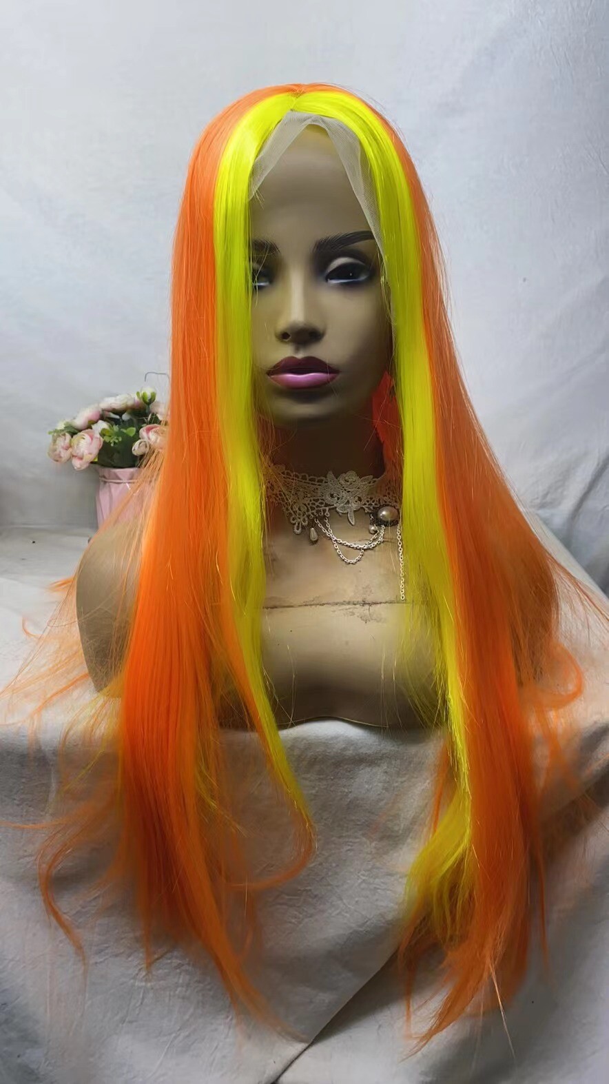 Long Straight Orange Yellow Highlight Lace Front Synthetic Heat Safe Wig Fashion