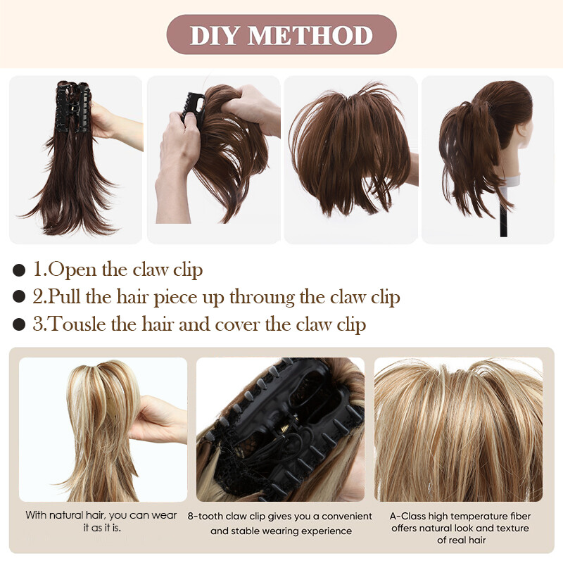 Short Jaw Claw on Ponytail Bendable Clip in Pony Tail Hair Extensions Messy Bun
