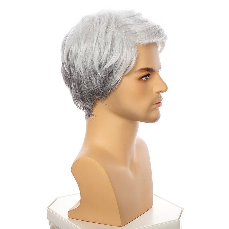 Men’s Short Gray Wig Asymmetrical Part Synthetic Hair Wig for Middle Old Age