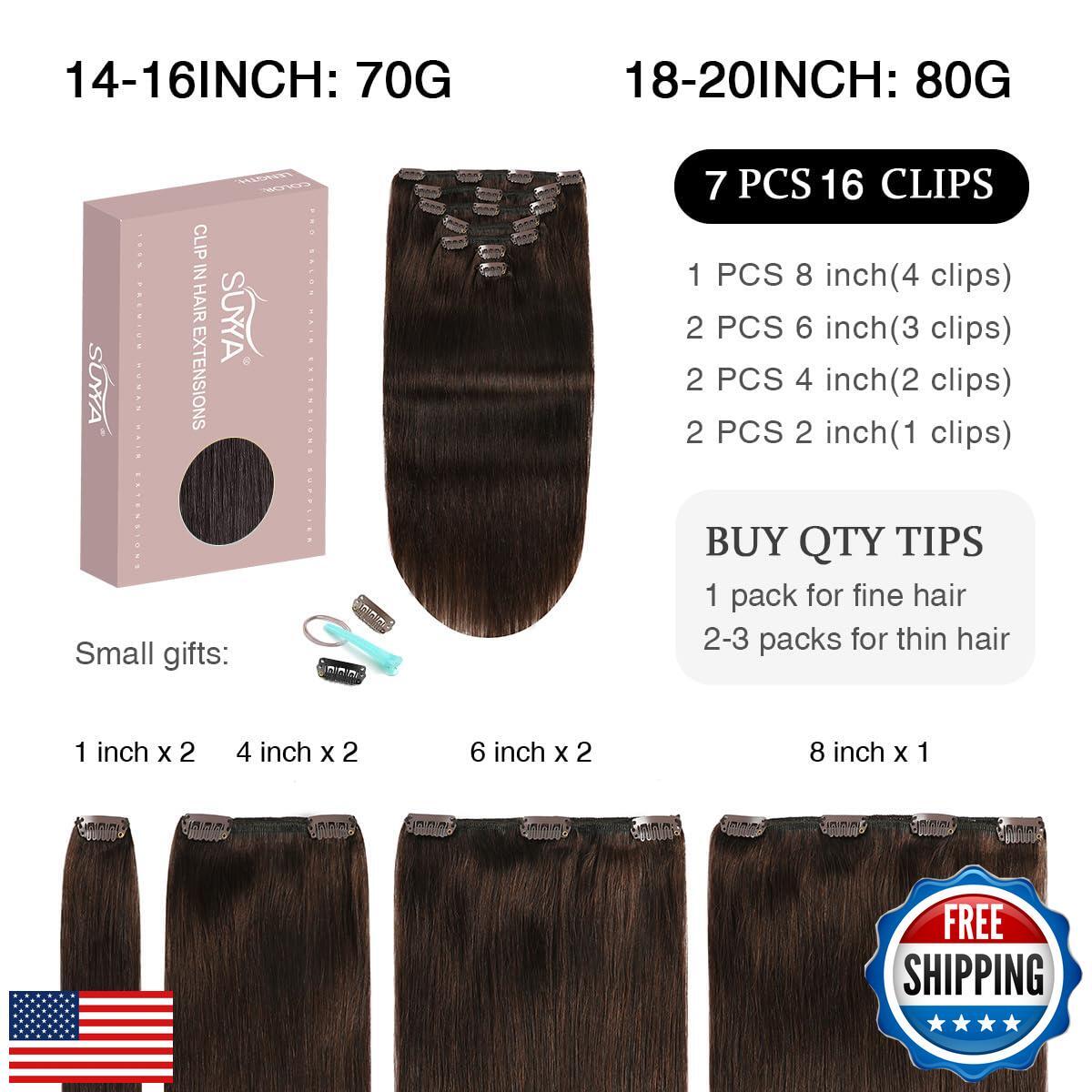 SUYYA Real Human Hair Clip in Extensions – 7 Pcs Straight Remy Hair Clip ins