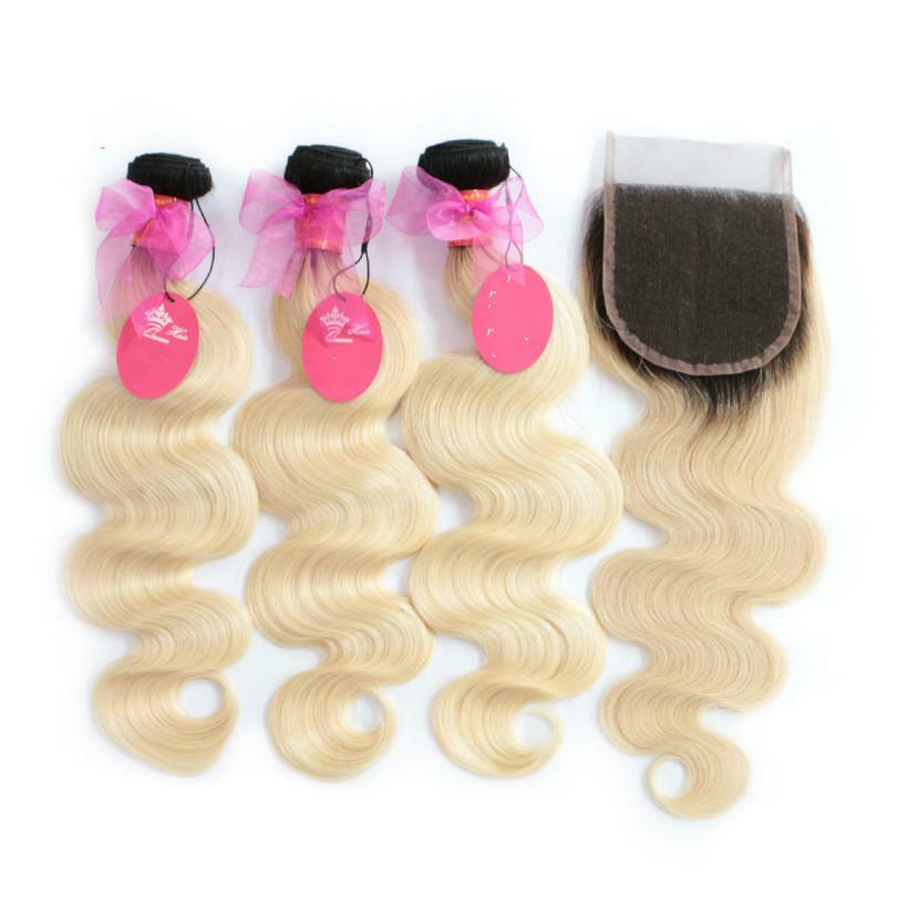 12A PERUVIAN Human Hair Weft 3/4Bundle+Lace Top Closure=Full Head 1B/613 BLONDE