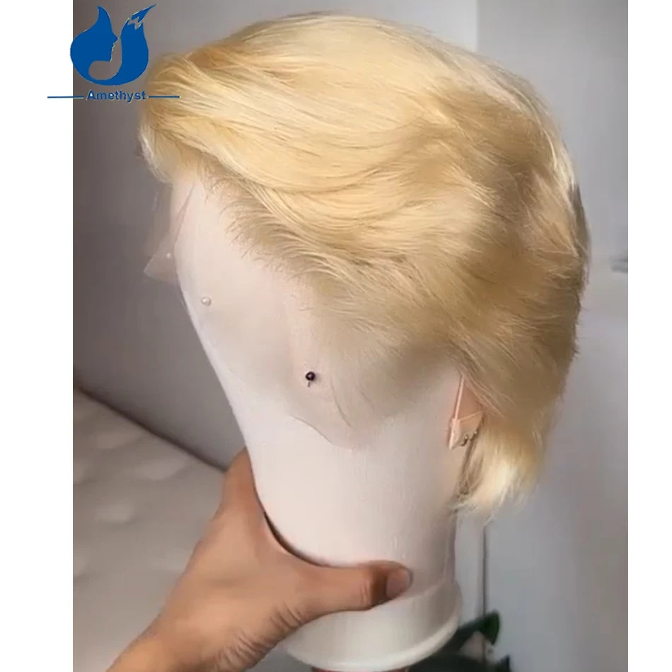#613 Blonde Short Cut Men’s Wig Brazilian Remy Human Hair 13×4 Lace Front Wig