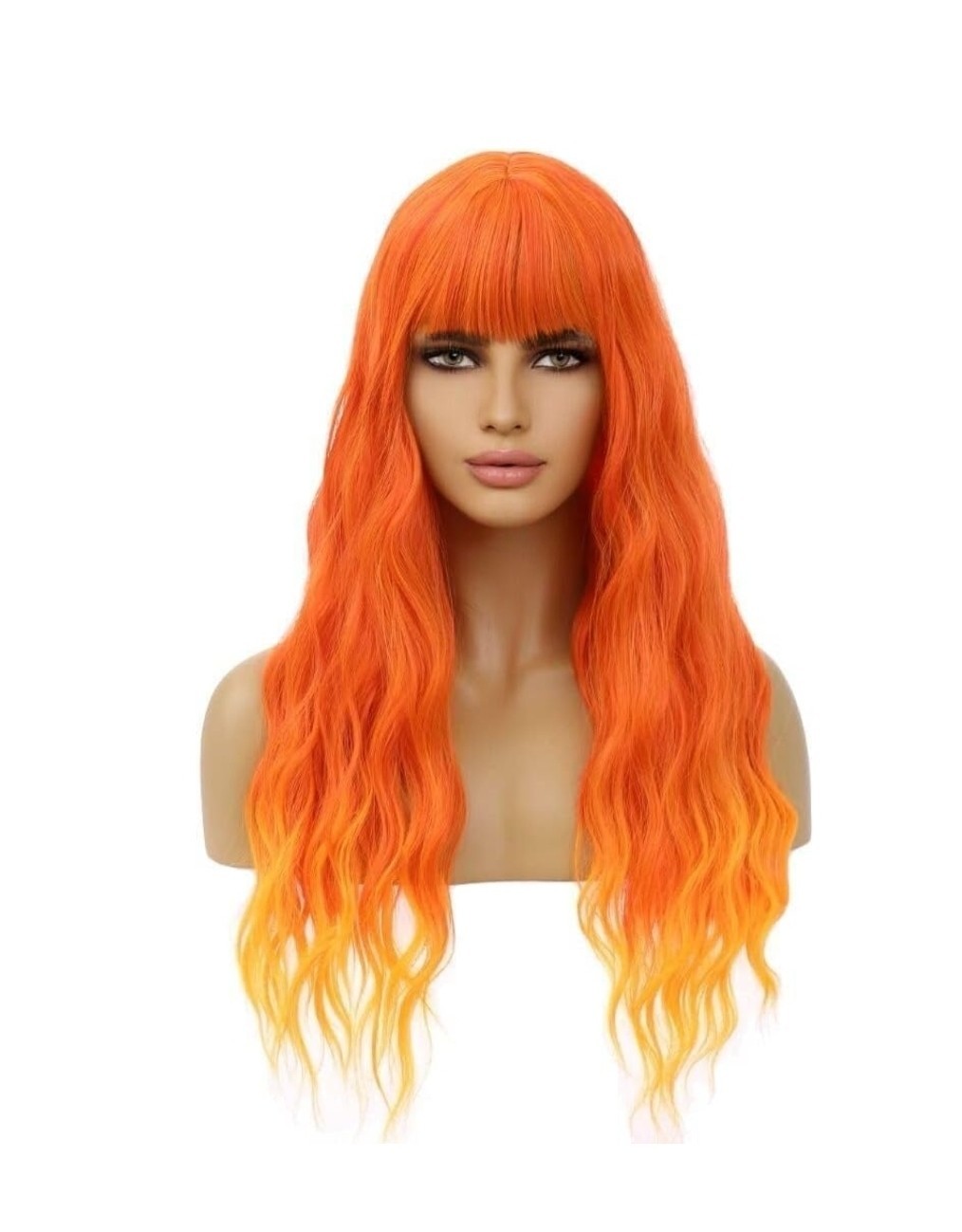 Long Wavy Wig Orange Ginger Yellow Balayage Wig Bangs Halloween