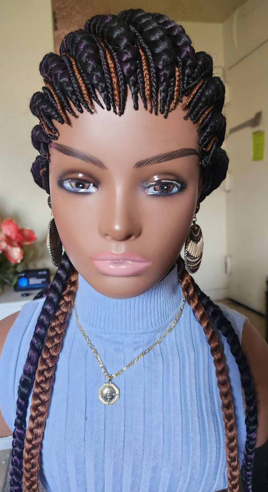 handmade Ghana banana cornrows wig All back down 1B mix dark purple/Dark brown