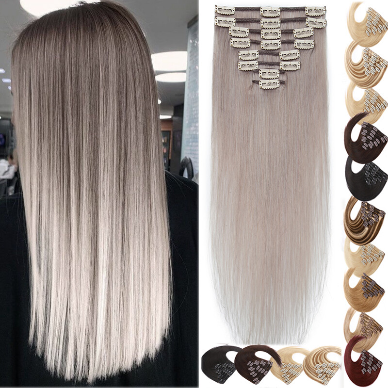 CLEARANCE #GREY 100% Human Hair Extensions Clip In Real Remy Full Head 8PCS Weft