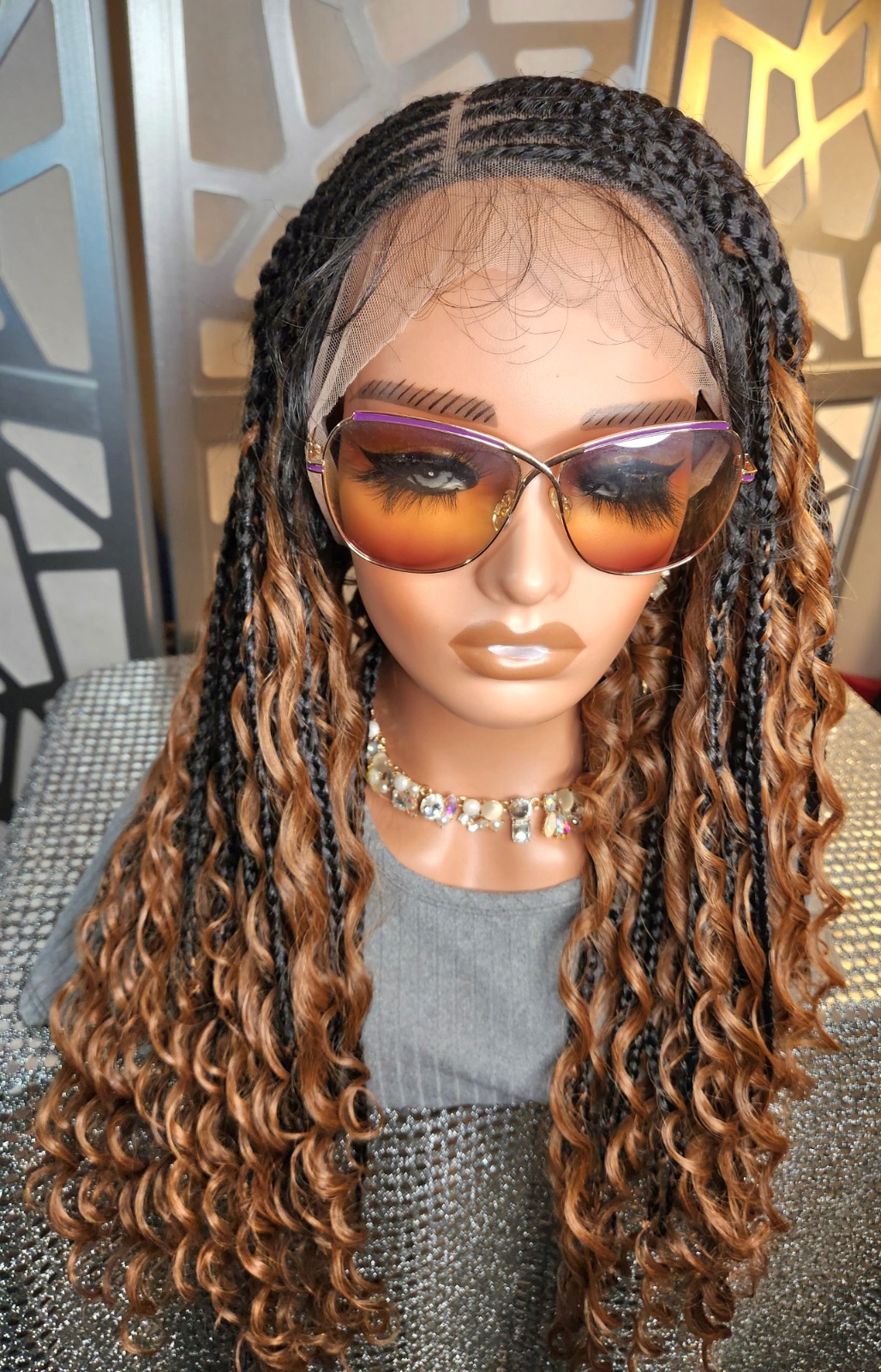 Boho Knotless Box Braids Wig 13×6 Lace Front Ombre Black Auburn Curly Ends