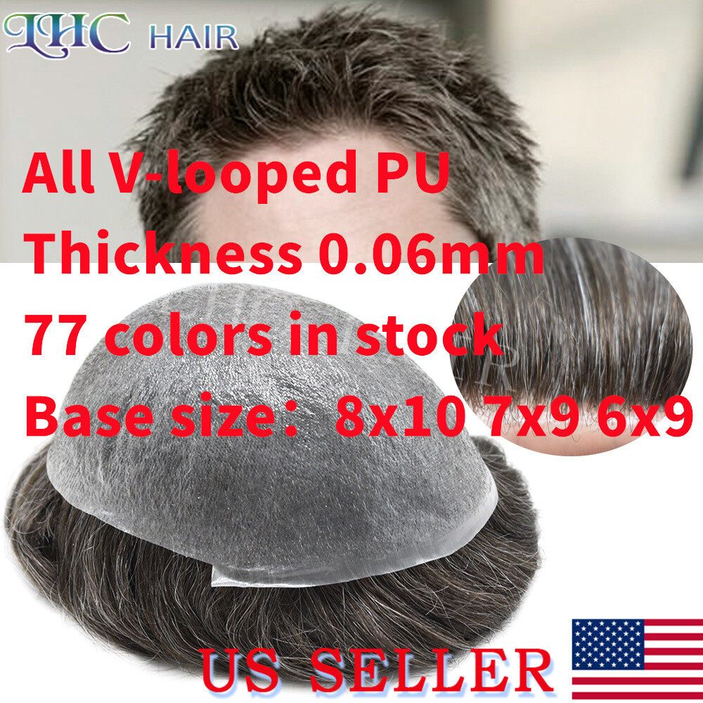 UItra Thin Skin Mens Toupee 0.06mm All V-looped PU Human Hair Replacement System
