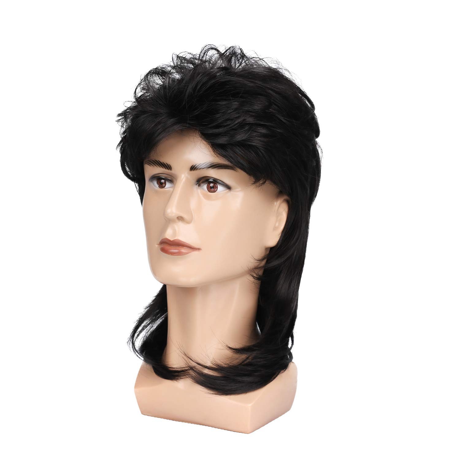 Adjustable Black Mullet Wig Cap – 70s Disco and 80s Rock Style for All Ages