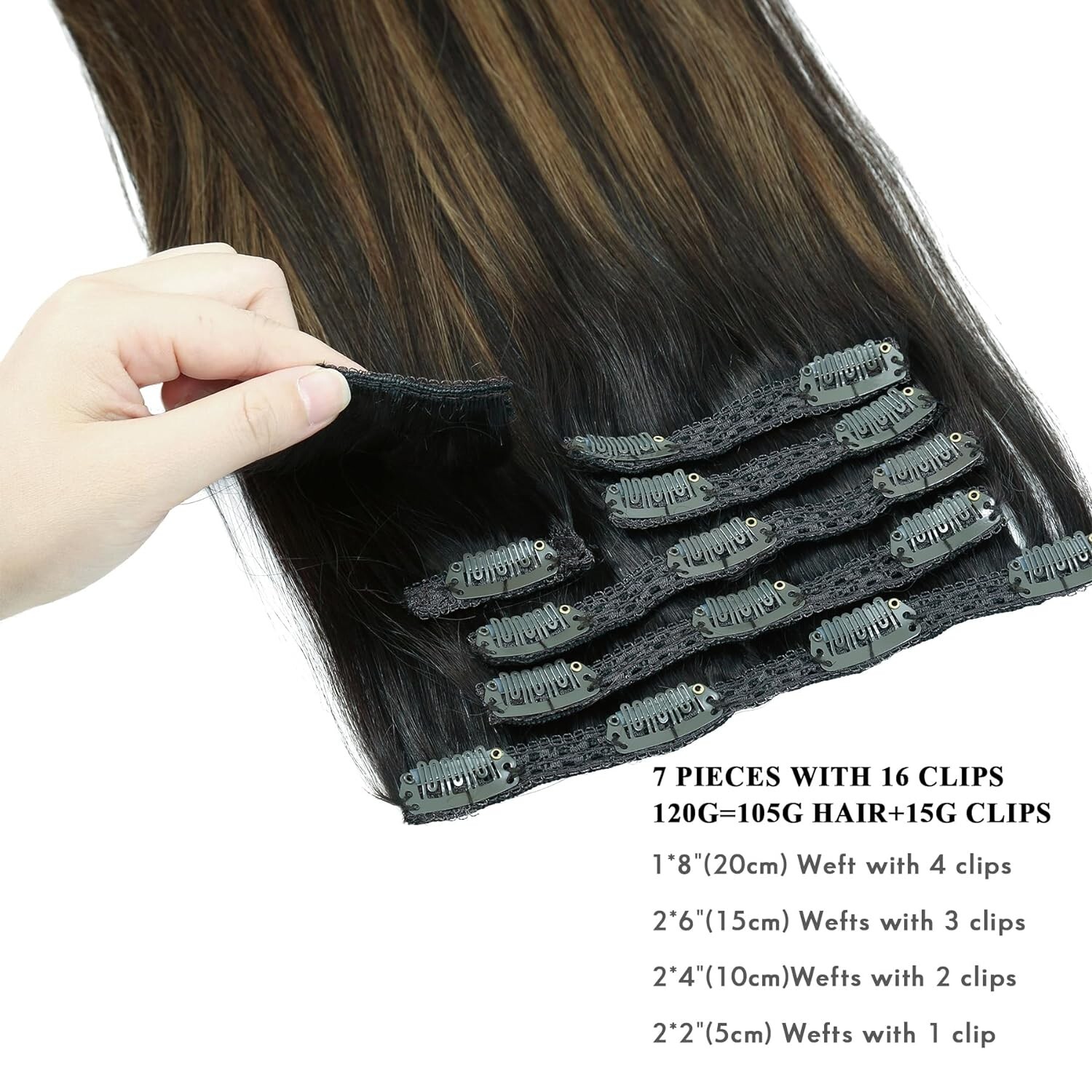 7pcs Clip in Hair Extensions Human Hair Extensions Dark Brown w/Chestnut 20″