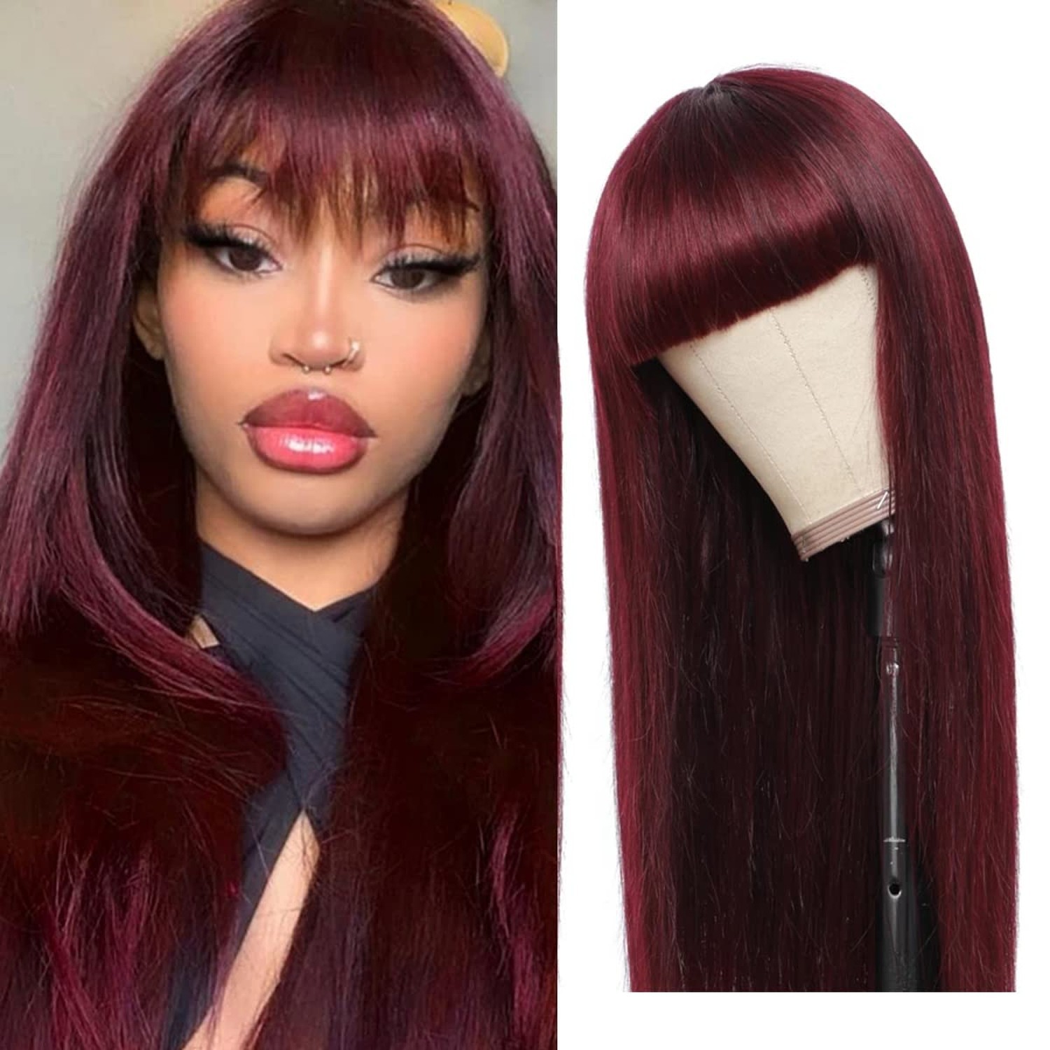 Burgundy Wig Human Hair Red Wigs with Bangs Brazilian Virgin Straight Wig wit…
