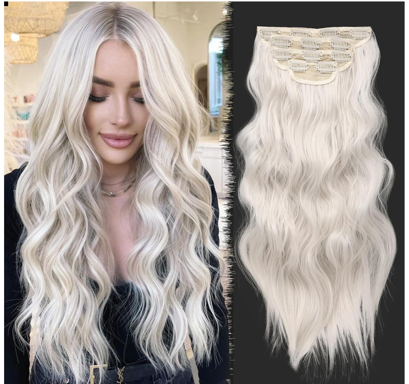 Platinum Blonde Synthetic Clip in Hair Extensions 5Pcs 20 Inches Long Wavy Hair