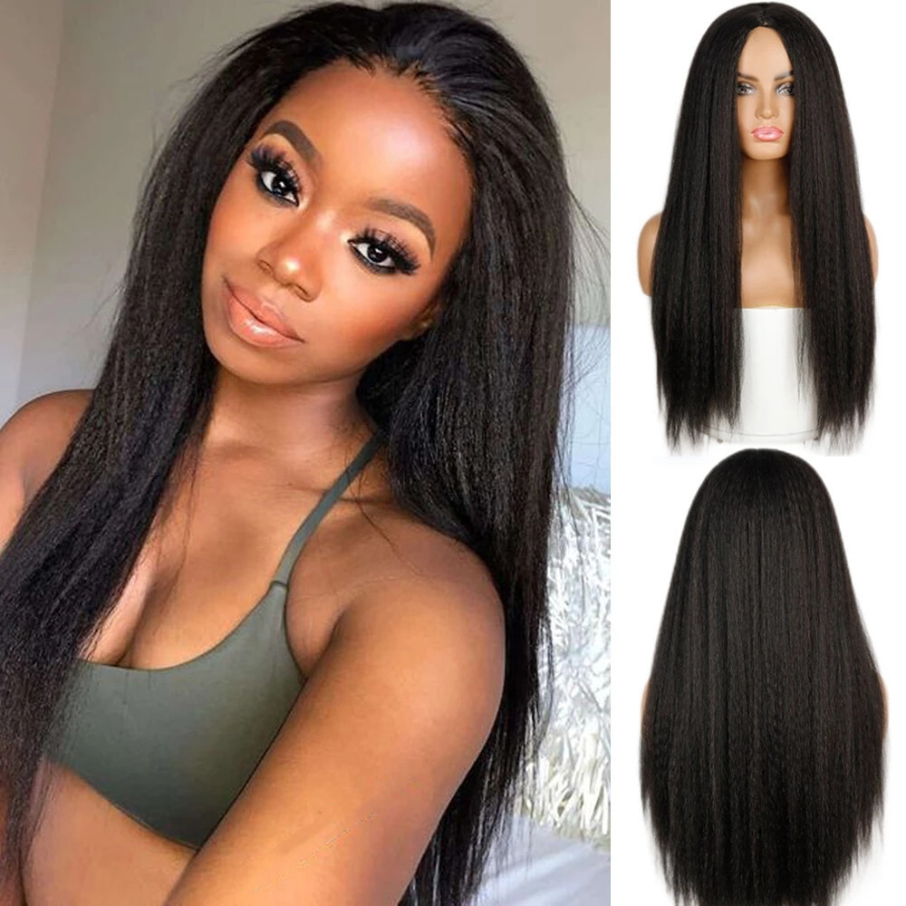 Long Straight Yaki Wig Sexy Black High Temperature Fiber Hair For Black Women US
