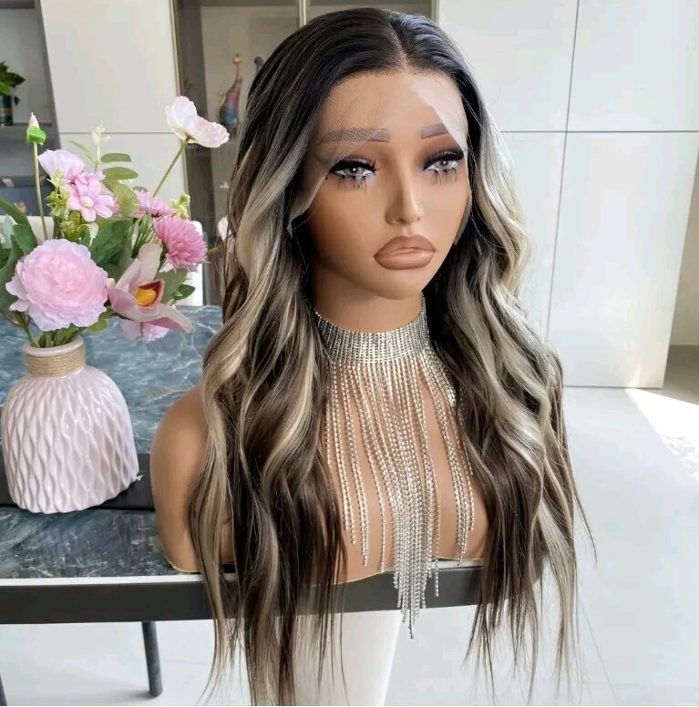 HD Lace Front Wig Human Hair Blend Highlights Wavy Curly Honey BROWN Blonde