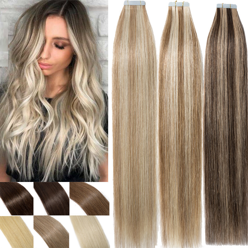 THICK Tape Glue in Real Remy Human Hair Extensions Skin Weft 12″-24″ HIGHLIGHT U