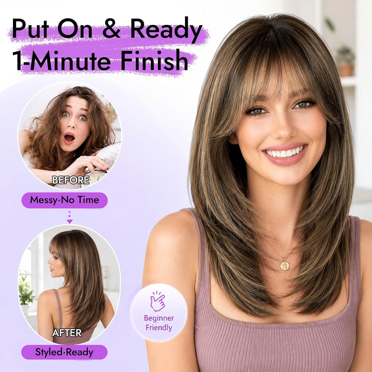 Wig with Bangs for Women Brown Blonde Highlight Straight Face-Framing Layers Hai