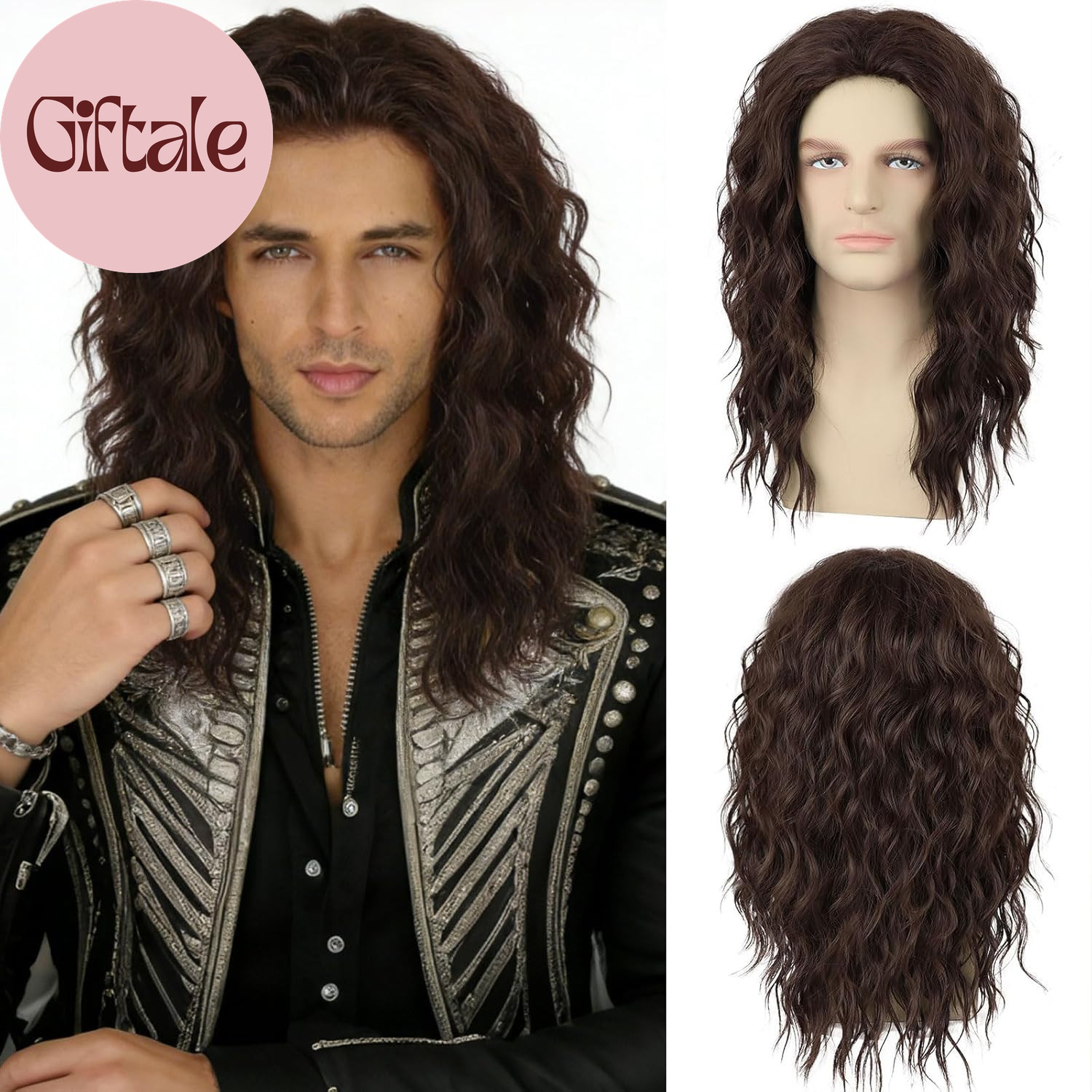 Mens Brown Curly Wig 70S 80S Long Wavy Synthetic Hair Wigs for Rocker Costume Pa