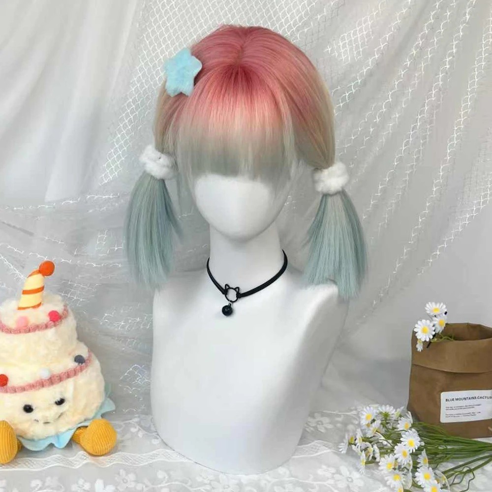 10″ Rainbow Pastel Bob Wig with Bangs Synthetic Gradient Highlights Lolita