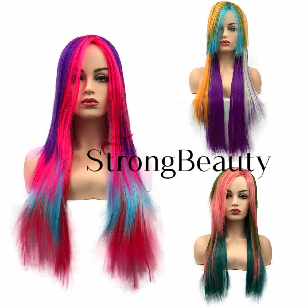 Ombre Pastel Pink Rainbow Color Wig Long Straight Cosplay Wig for Women