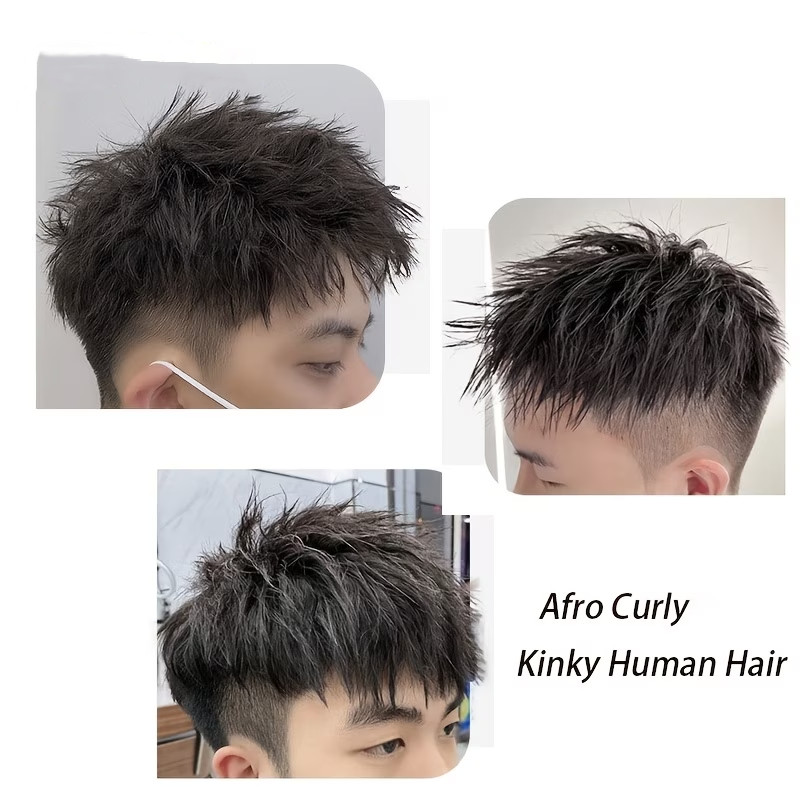 Real Human Hair Toupee for Men’s Afro Curly/Kinky Hair Wig with Bangs Short wig