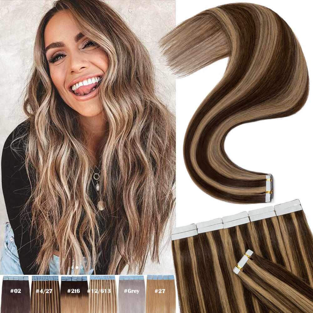 8A THICK Tape In GLUE Remy Human Hair Extensions Skin Weft 10-80PCS Ombre Blonde