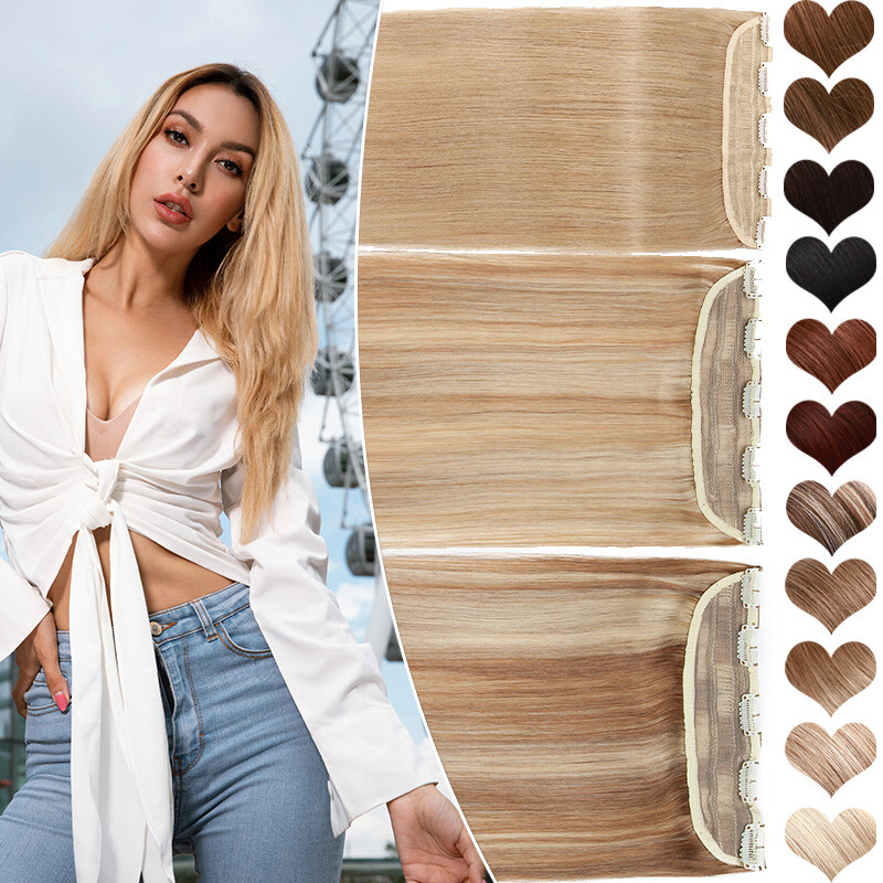 US Seamless Clip In Real Human Hair Extensions One Piece 3/4 Full Head Balayage