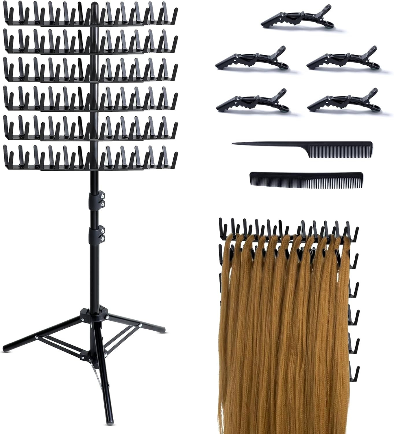 Standing Braiding Hair Rack with 144 Pegs for Organized Display (Black)