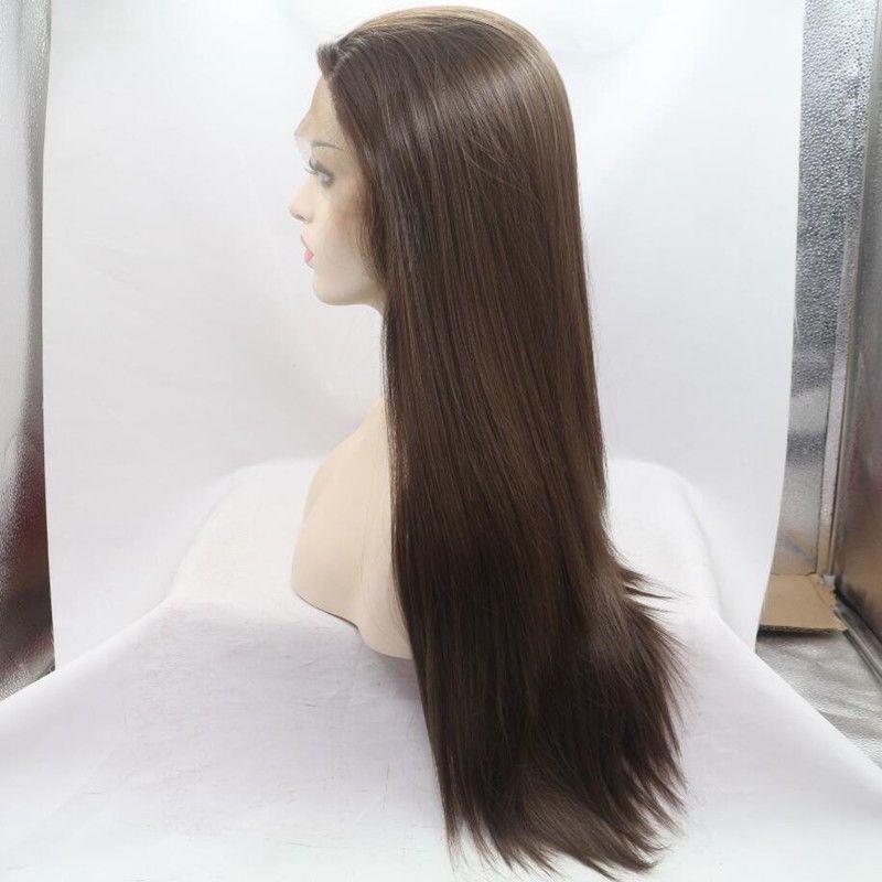 Layered Women Lace Front Wigs Brown Synthetic Hair Heat Resistant Long Straight