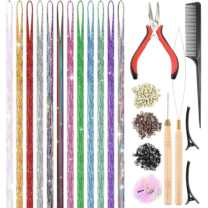 Hair Tinsel 48 Inch 12 Colors 3600 Strands Glitter Shiny Sparkle Extensions