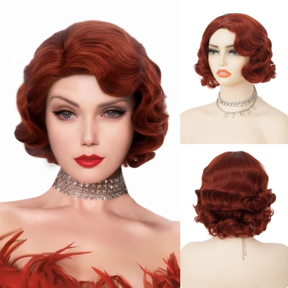 Short Red 1920s Style Synthetic Finger Wave Natural Looking Women’s Wig