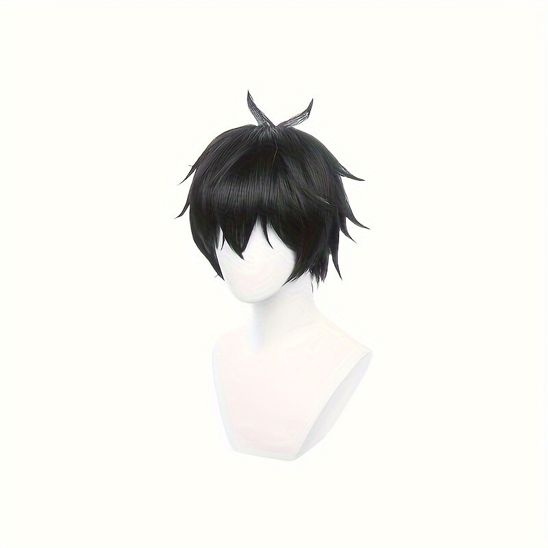 Anime Short Fluffy Black Wig With Bangs Men Casual Party Supplies Halloween