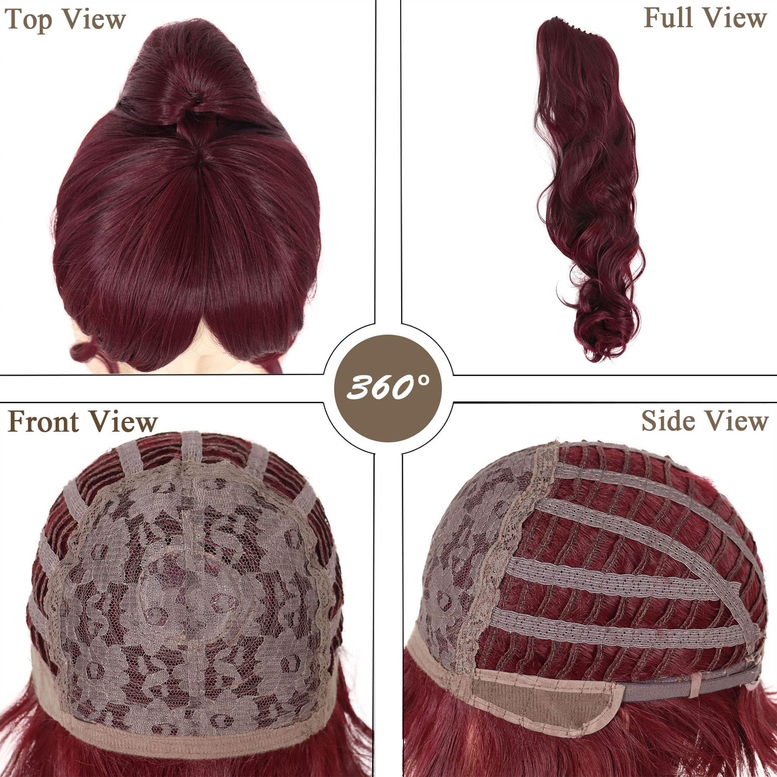 Short Wine Red Wigs for Women with 27 inch Long Ponytail in Deep Burgundy wit…