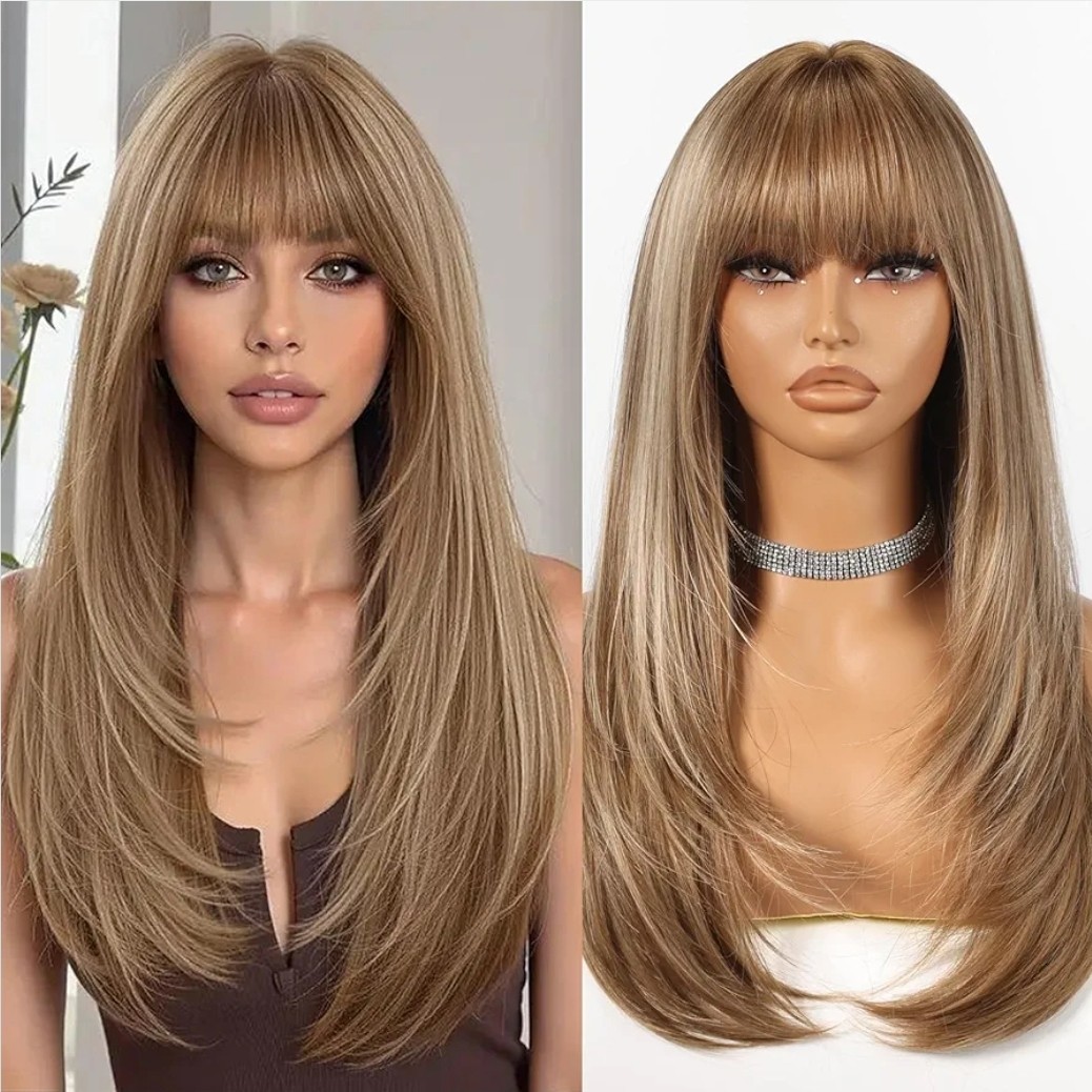 Wig – Human Hair Blend – Long Straight Layered Dark Brown Bangs Heat Resistant