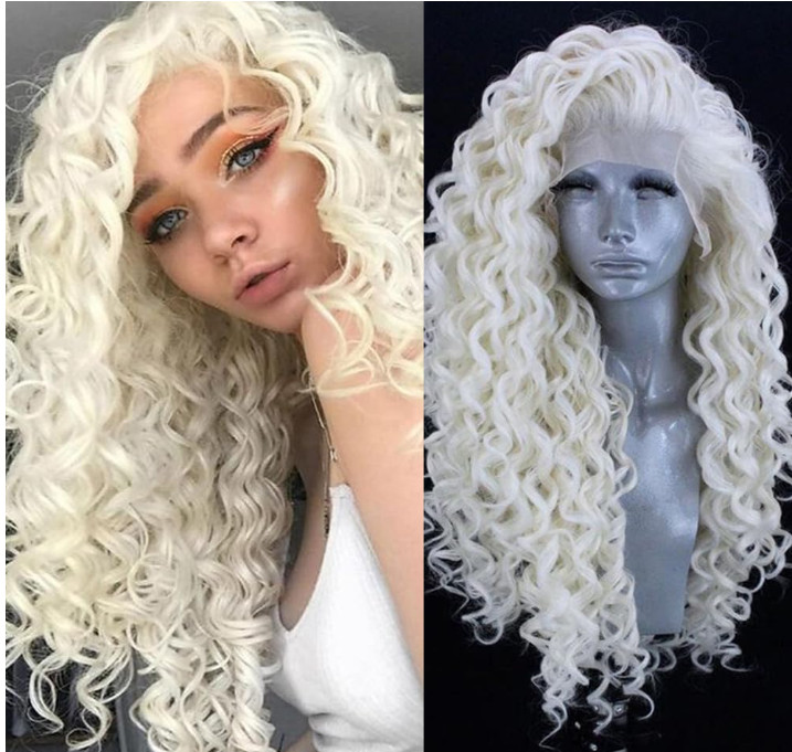Platinum Blonde Long Deep Curly Synthetic Lace Front Wig Heat Resistant Fiber
