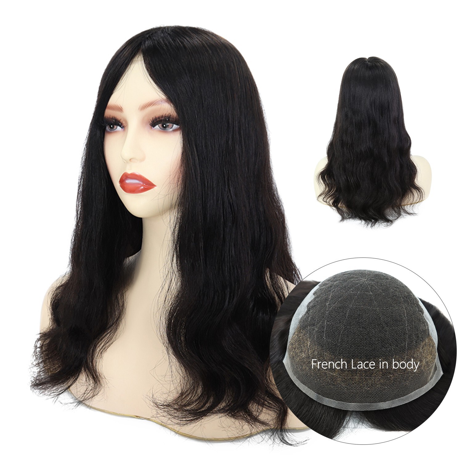 Women Topper Human Hair French Lace Top Pieces 7×9 Straight Black Hair 16” Q6L