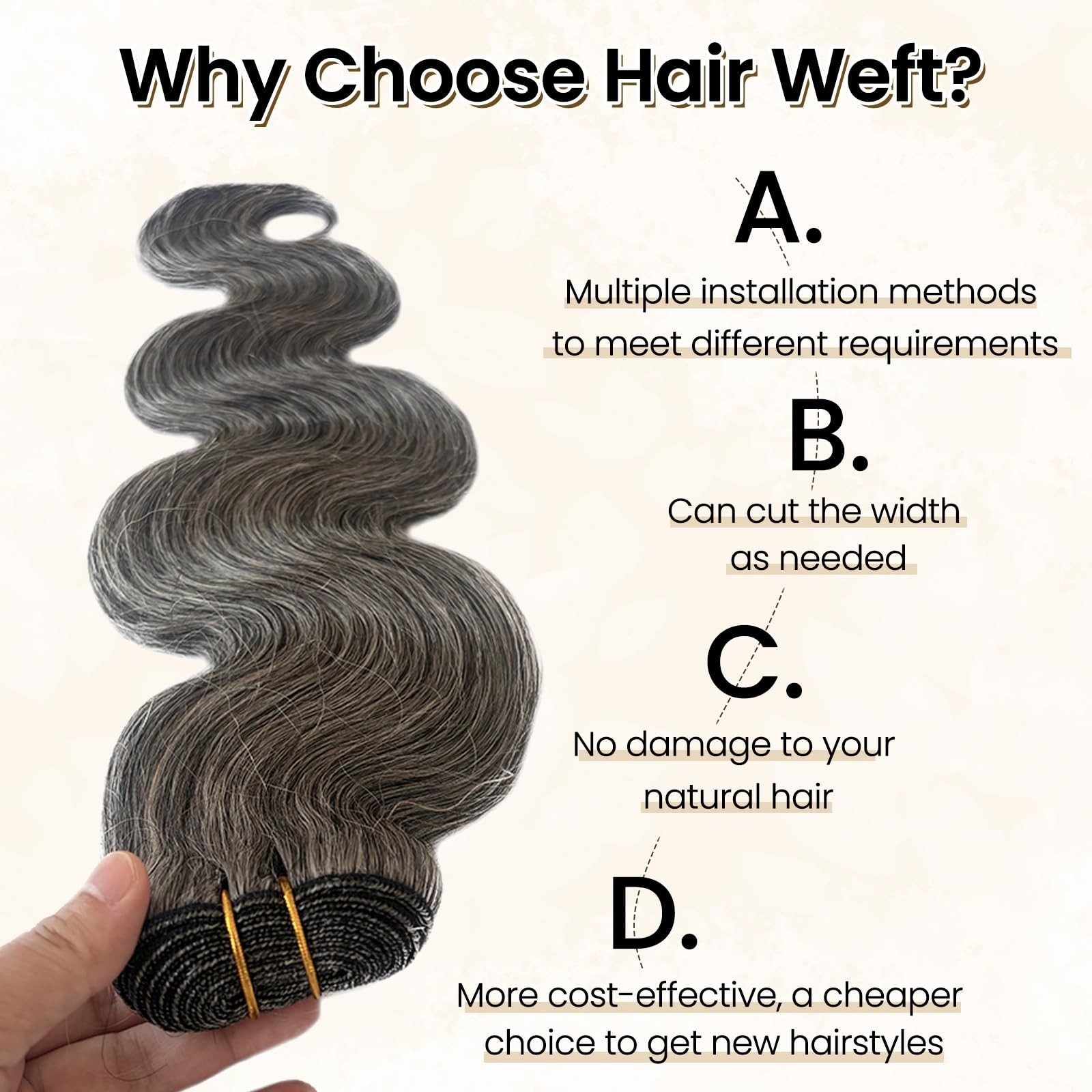 12 Inch Salt & Pepper Grey Sew-In Hair Extensions, Body Wave Remy Weft Bundles f
