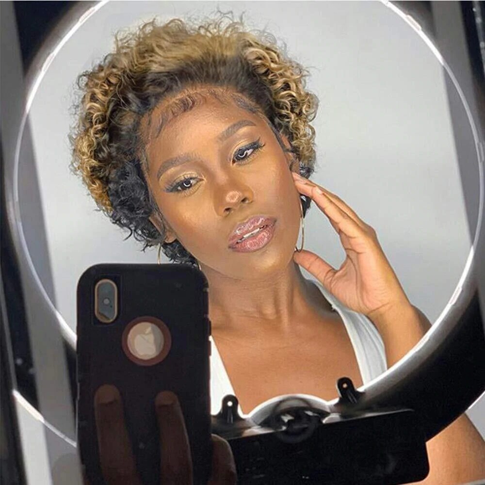 Short Ombre Blonde Curly Human Hair Lace Front Wig Wave Pixie Cut Wigs 13×1 Lace
