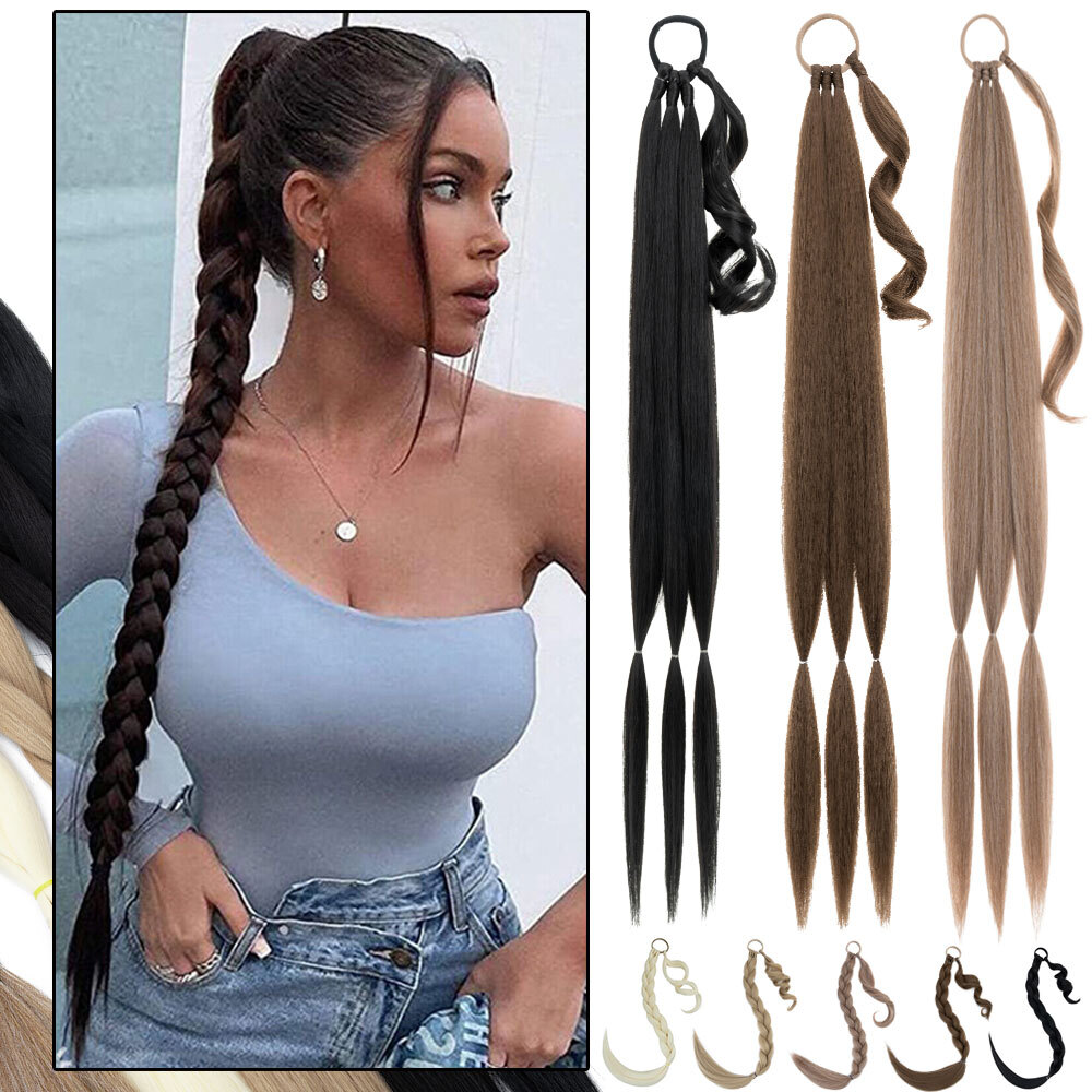 Long Braided Ponytail 100% Real Extensions with Hair Tie Wrap around Pony tail H